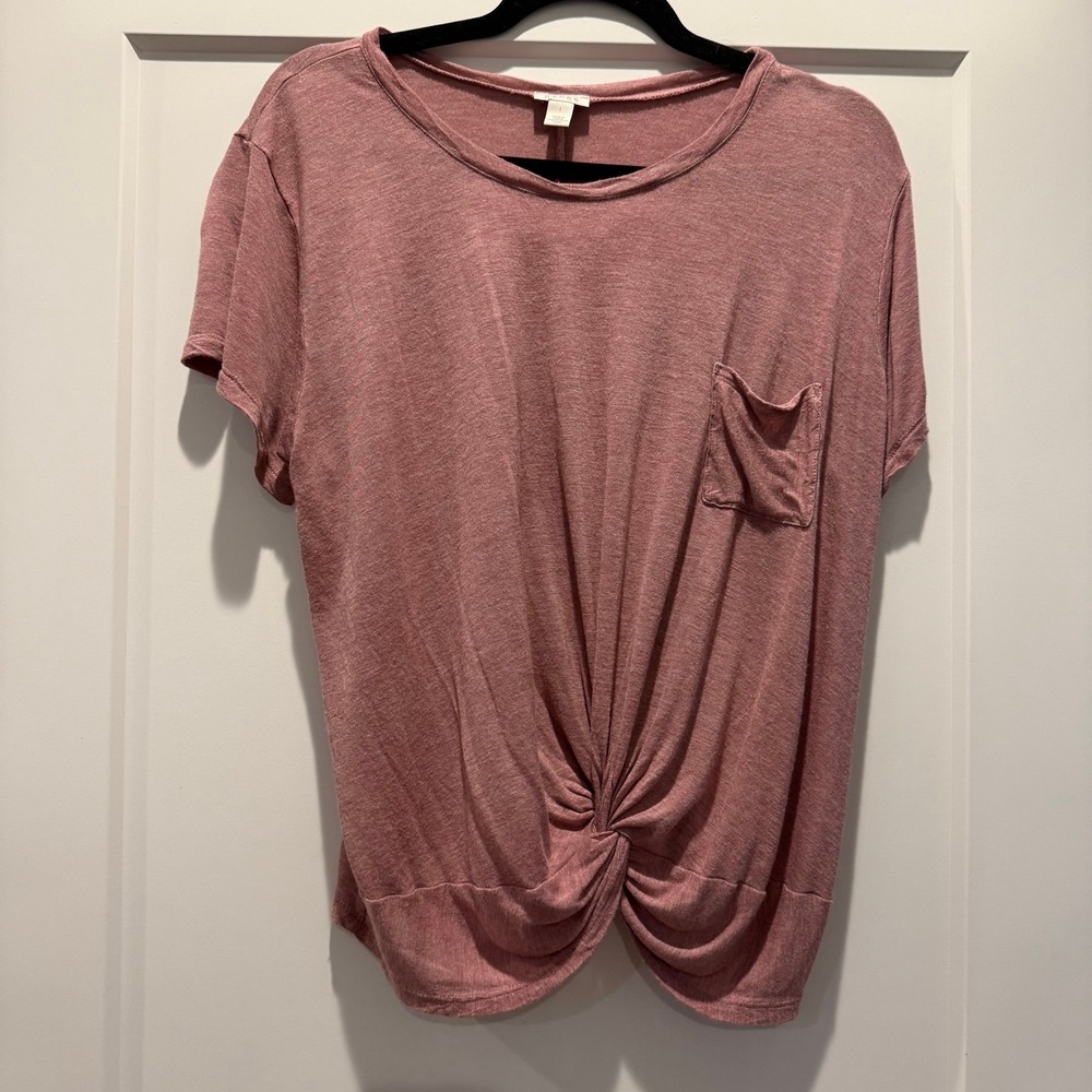 Hinge Women's Large Mauve Twist Front Pocket Tee Short Sleeve Casual Top